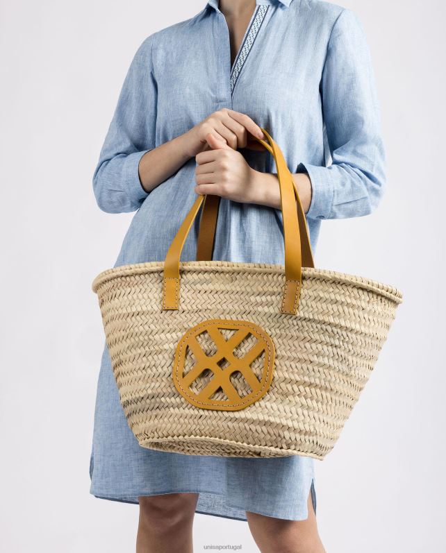 Unisa cesta trançada média com alças de couro e logotipo mulheres 6V2Z61097 amarelo