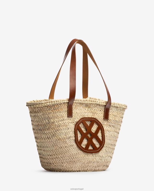 Unisa cesta trançada média com alças de couro e logotipo mulheres 6V2Z61098 marrom