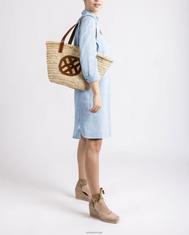 Unisa cesta trançada média com alças de couro e logotipo mulheres 6V2Z61098 marrom