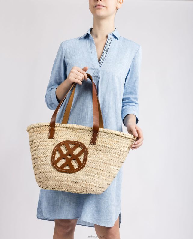 Unisa cesta trançada média com alças de couro e logotipo mulheres 6V2Z61098 marrom