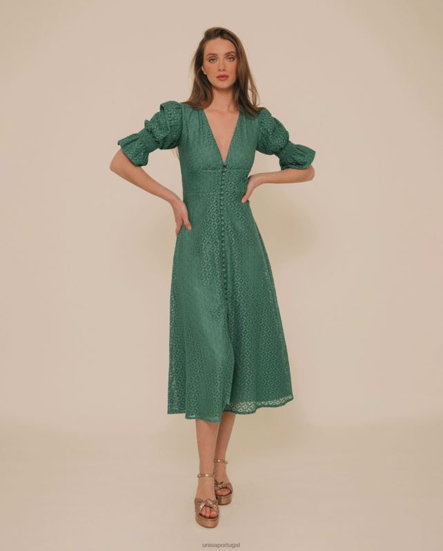 Unisa vestido midi de renda com ajuste diferenciado mulheres 6V2Z61246 verde