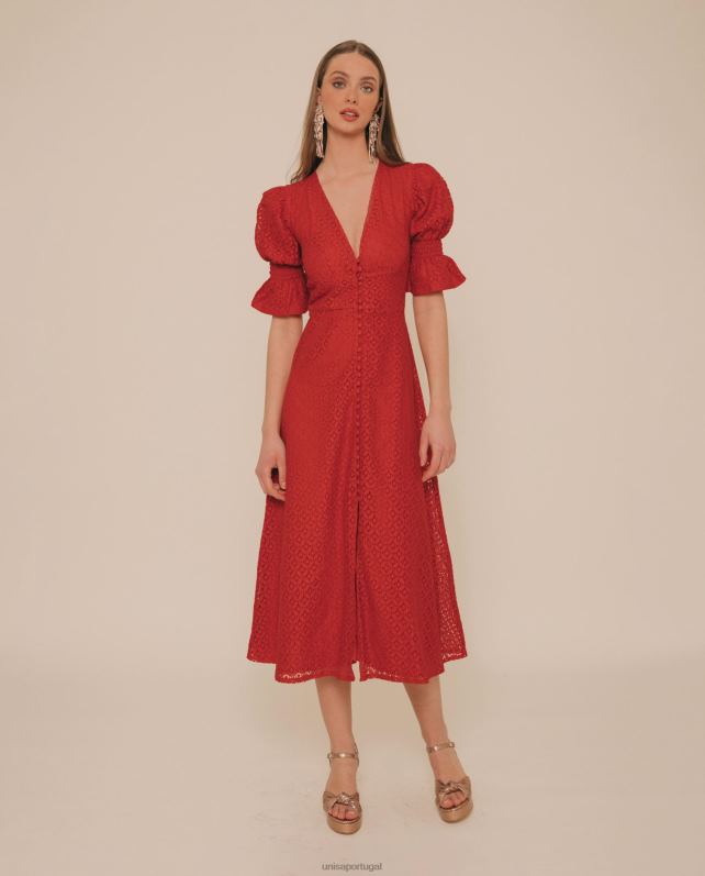 Unisa vestido midi de renda com ajuste diferenciado mulheres 6V2Z61258 vermelho