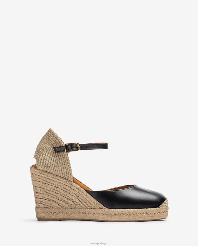 Unisa espadrille de couro com salto ráfia mulheres 6V2Z6486 preto