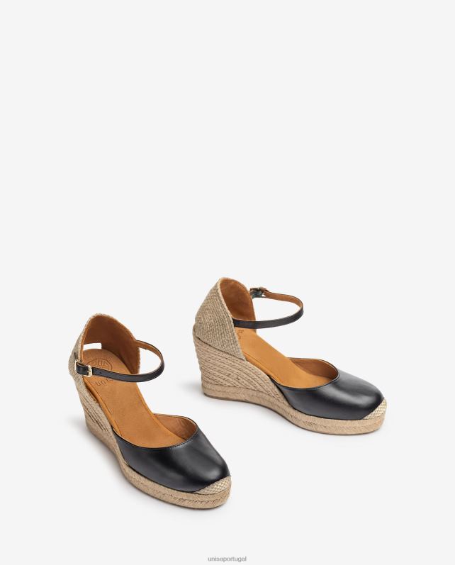 Unisa espadrille de couro com salto ráfia mulheres 6V2Z6486 preto
