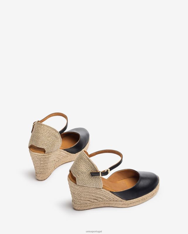 Unisa espadrille de couro com salto ráfia mulheres 6V2Z6486 preto