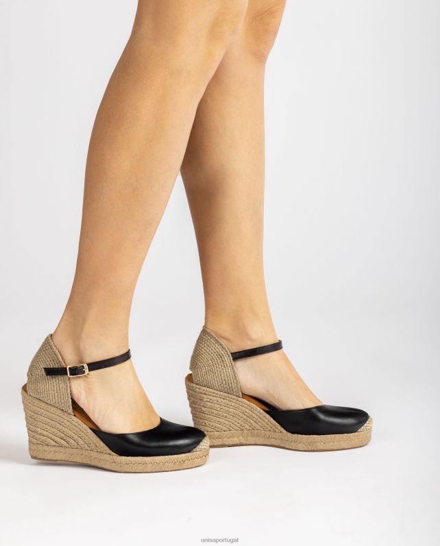 Unisa espadrille de couro com salto ráfia mulheres 6V2Z6486 preto