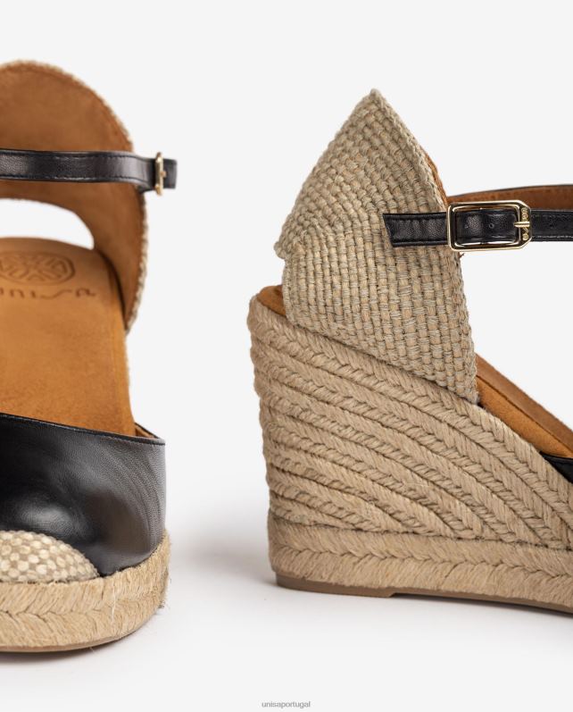 Unisa espadrille de couro com salto ráfia mulheres 6V2Z6486 preto