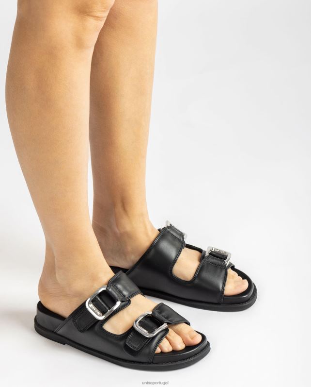 Unisa sandália plana de fivela dupla mulheres 6V2Z6319 preto