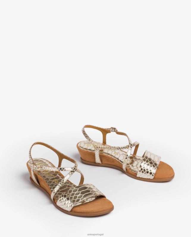 Unisa sandália de couro com estampa de cobra efeito metal mulheres 6V2Z6442 ouro