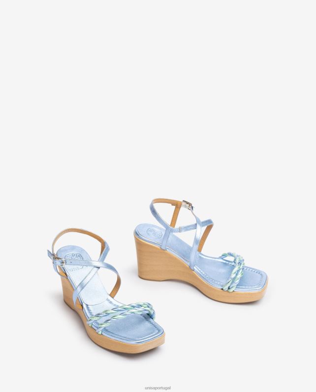 Unisa sandália de cunha de couro com efeito metalizado mulheres 6V2Z6245 azul