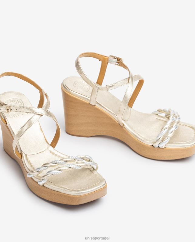Unisa sandália de cunha de couro com efeito metalizado mulheres 6V2Z6246 ouro