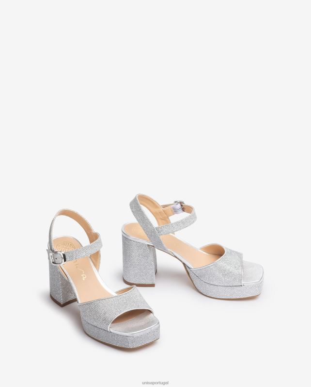 Unisa sandália confeccionada em tecido brilhoso com salto largo mulheres 6V2Z6224 prata