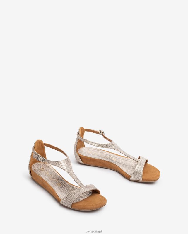 Unisa sandália de couro efeito metal com tira no peito do pé mulheres 6V2Z6450 moda