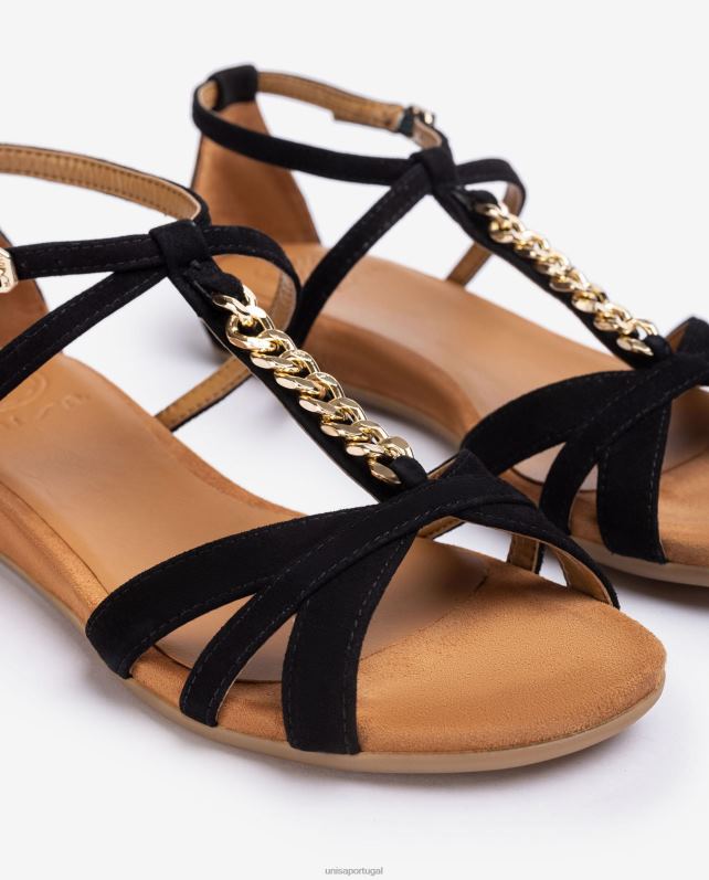 Unisa sandália rasa com corrente mulheres 6V2Z689 preto